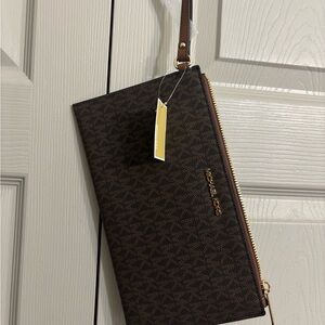 Michael Kors Brown Logo-Print Wristlet with Gold Hardware